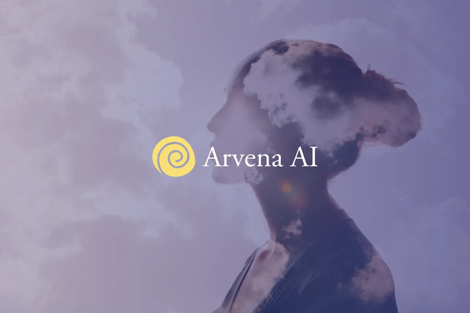 The Arvena AI logo over a woman in profile, her head filled with clouds.